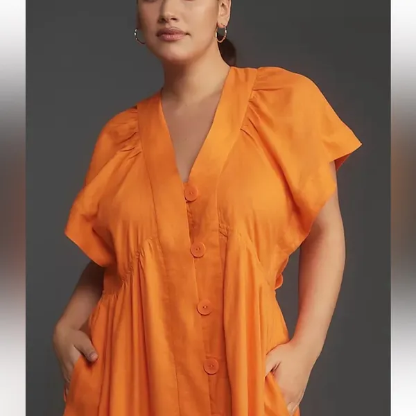 ANTHROPOLOGIE Flutter Sleeve Button Front‎ Midi Dress Orange - Image 9