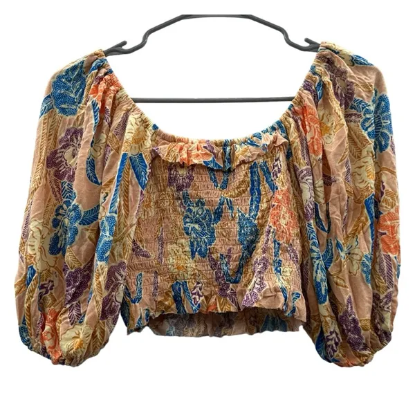 Urban Outfitters Beige Multicolor Tropical Floral Print Cropped‎ Top Size S - Image 2