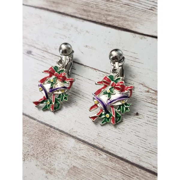 Vintage Clip On Earrings - Christmas Bells & Bow 1.5" - Image 2