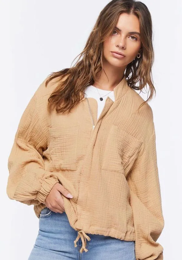 Cotton Crinkle Knit Bomber Jacket Size M - Image 4