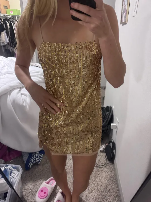 Free People Gold Slip Dress Sequin Mini - Image 3