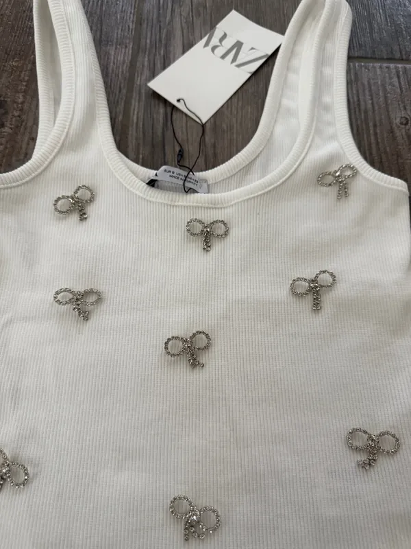 Zara rhinestone bow jewel ribbed tank top - Image 2
