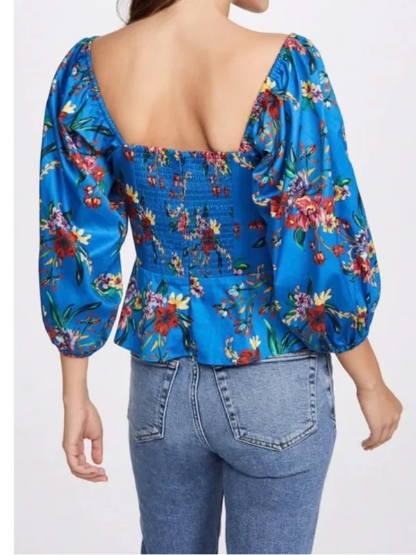 Parker Iggy Blue Floral Peplum Puff Sleeve Tie Front Blouse Size Small - Image 9