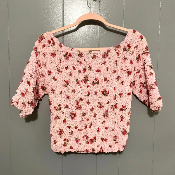 NWOT Free People Pink Floral Rosie Posie Smocked Cropped Y2K Feminine Top S - Image 7
