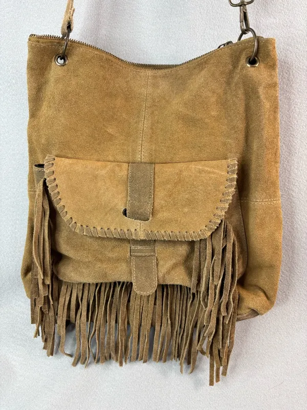 EARTHBOUND Hippie Boho Tan Suede Fringe Hobo Crossbody - Image 2