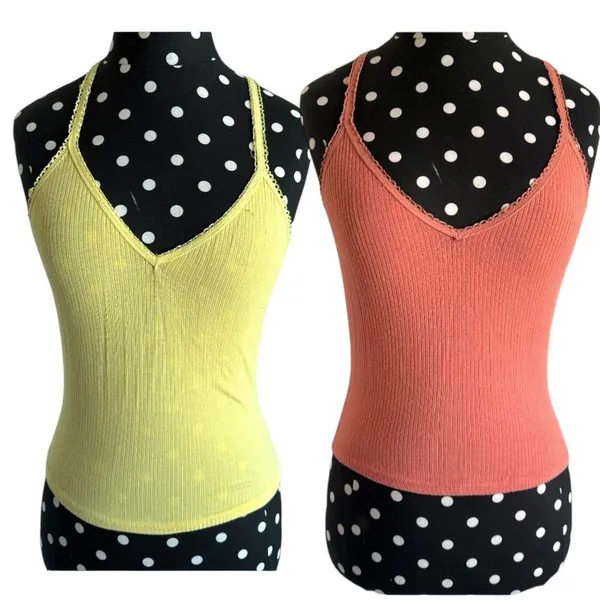5/$35 Destined Womens Tank Tops 2 Sz S M Peach Light Yellow Ribbed Knit Cropped - Image 2