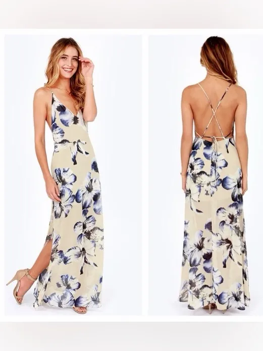 LUSH Long Ivory & Blue Floral Maxi Dress Sz S - Image 2