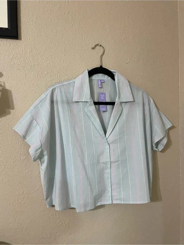 New Florence By Mills Cotton Stripe Short Sleeve Button Top Size Small Seagrass - Image 4