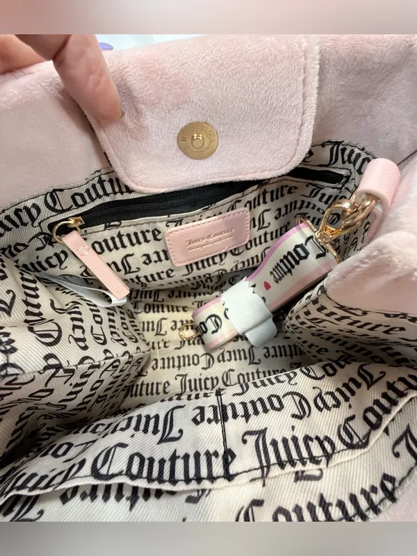 NWOT Juicy Couture Viral Blush Pink Plush Tote with Crystal Logo and Heart Charm - Image 7