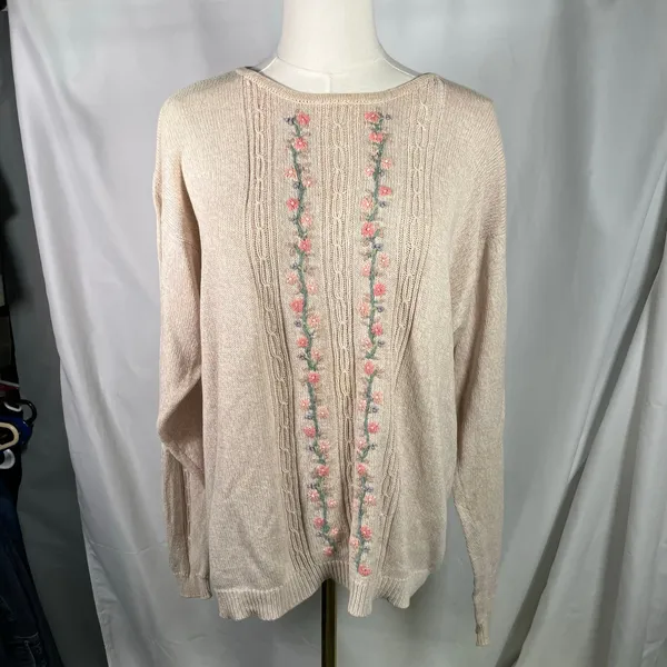 Cottage Essentials Embroidered Floral‎ Sweater Beige Ramie Cotton M Vintage - Image 15