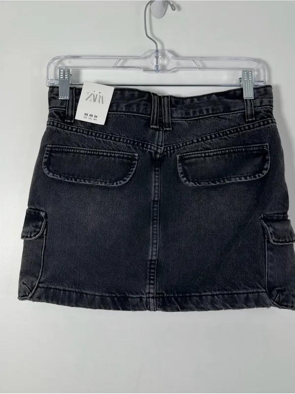 Zara Black Washed Y2K Denim Cargo Mini Skirt XS Mid Rise Utility Pocket NWT NEW - Image 5