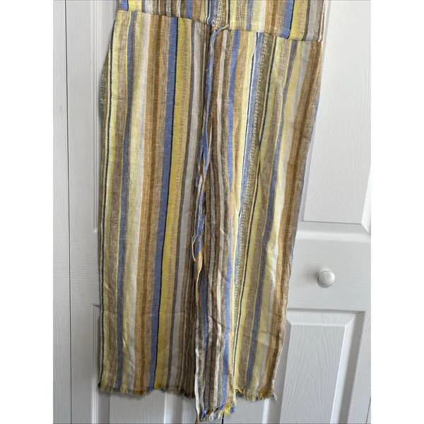 DREW Anthropologie Medium Lemon Cole Linen Yellow Striped Jumpsuit Raw Hem‎ - Image 3