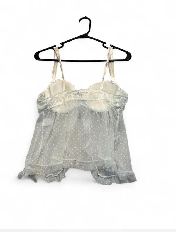 Linea Donatella White polka dot lace babydoll top with bow detail, size M. Nylon & polyester with ruffled hem. #fairycore #coquette - Image 2