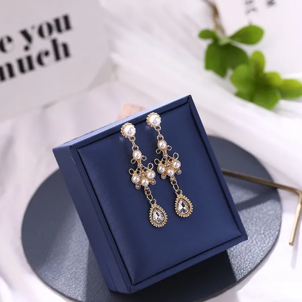 Elegant Pearl Dangle Drop Earrings for Women,Teardrop Shape Crystal Earrings - Image 3