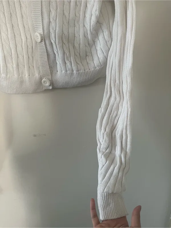 Hollister White Cable Knit Cropped Cardigan Small 100% Cotton Preppy Coastal - Image 5
