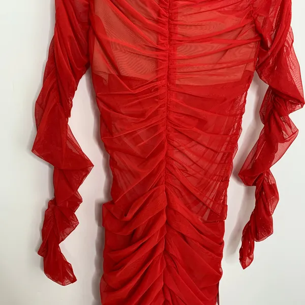Miss Circle Jimena Red Ruched Mesh Long Sleeve Dress Womens New Medium - Image 3