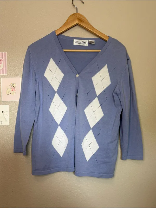 Classic blues wrangler true vintage argyle diamond pattern blue white button up - Image 5