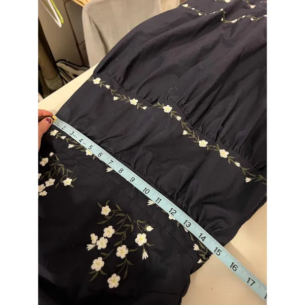 Navy Blue Floral Embroidered Folk Tiered Midi Dress Size Small 100% Cotton - Image 10