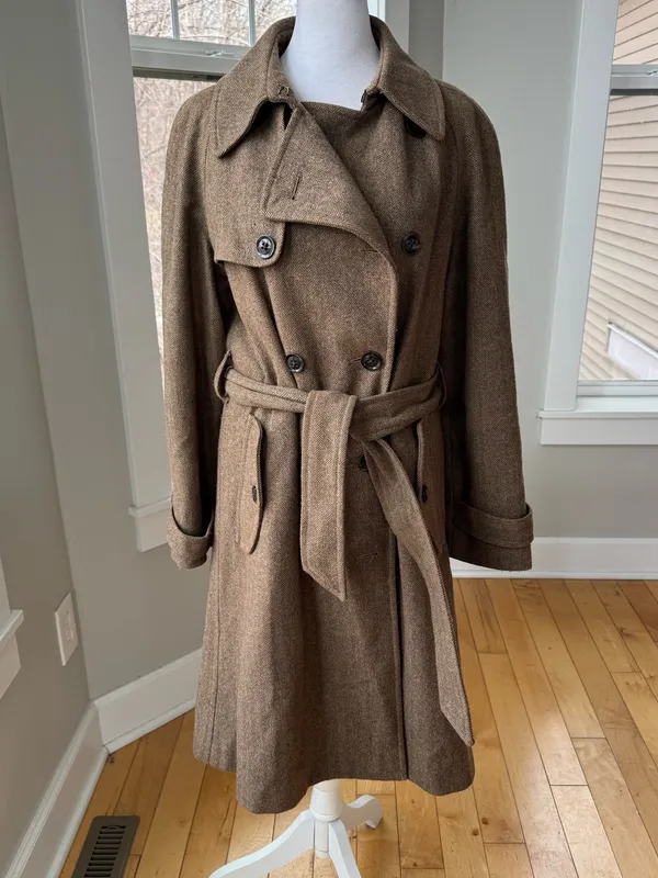 Vintage GAP Tan Wool Herringbone Belted Trench Coat Size Medium - Image 8