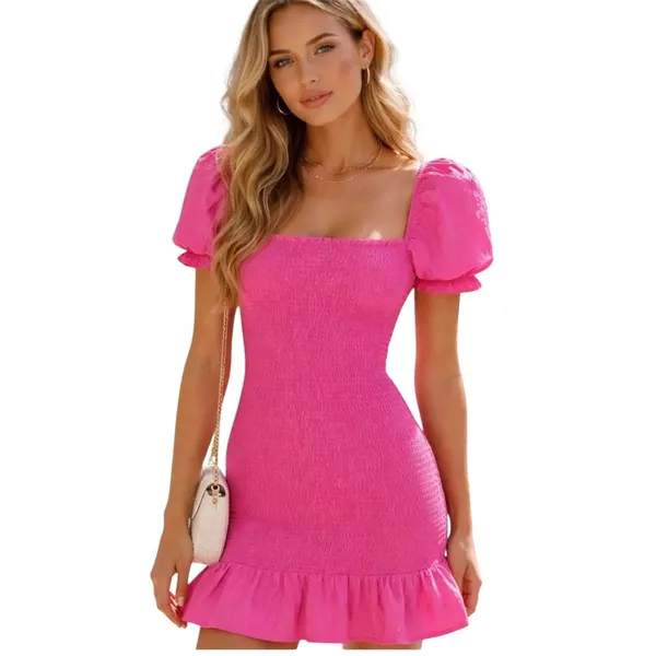 Zara Textured Weave Puff Sleeve Dress Size Medium Pink Ruffle Mini Dress | 8-21 - Image 2