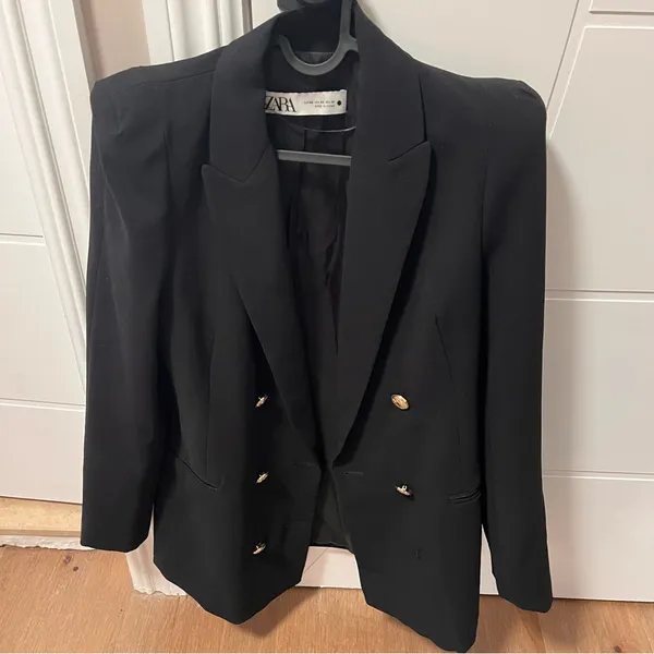 Zara Double Breasted Black Blazer Gold Buttons Padded XS - Image 3