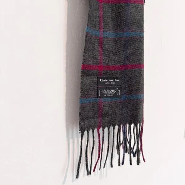 Christian Dior‎ Scarf Plaid Windowpane Cashmaire Fringe Vintage Dark Academia - Image 6