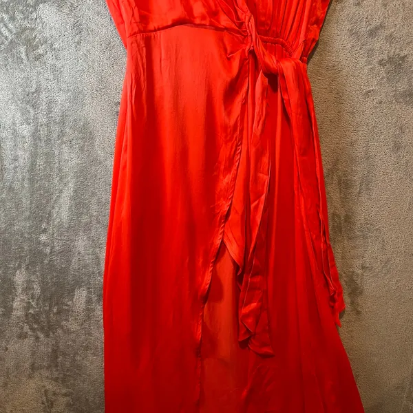 Anthropologie Maeve Open Back Satin Wrap Midi Dress Orange Size Small Summer‎ - Image 5