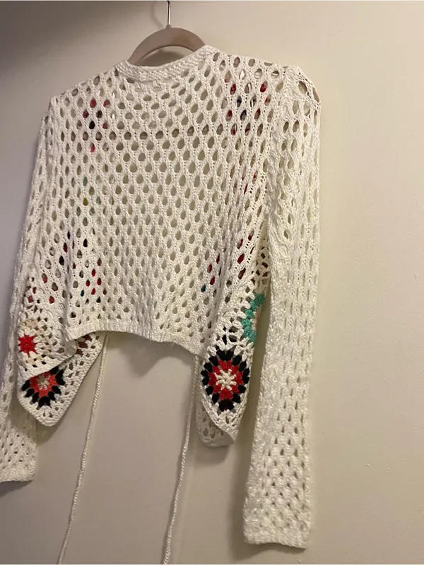 Debut Womens S Small Cardigan White Crochet Granny Squares Boho Festival Cottage - Image 7