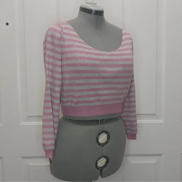 Free people gray pink striped crop off the shoulder sweater pullover size XS - Image 10