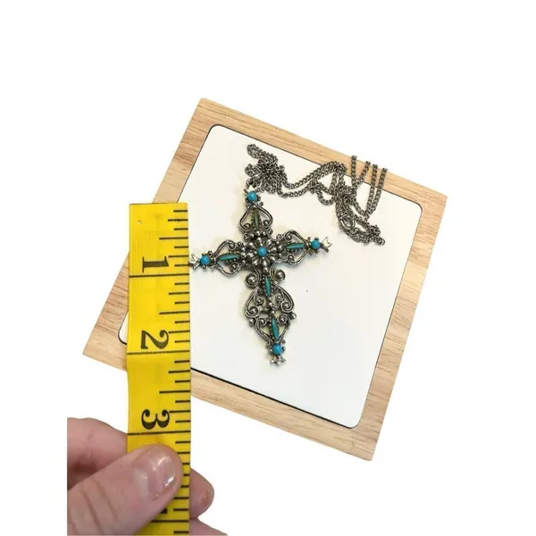 Signed Roma Cross Pendant Necklace Petit Point Faux Turquoise Christian Vintage - Image 6