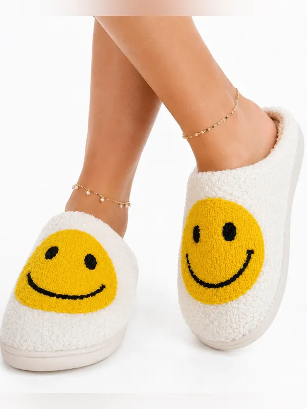 NEWSmiley Face Fuzzy Sherpa Slipper White Yellow Happy Face Cozy House Shoes 7-8 - Image 3