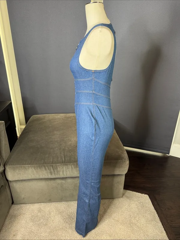 Sleeveless Sexy Blue Denim Jumpsuit Front Zip Slim Fit Retro 70s Flare Size S - Image 6
