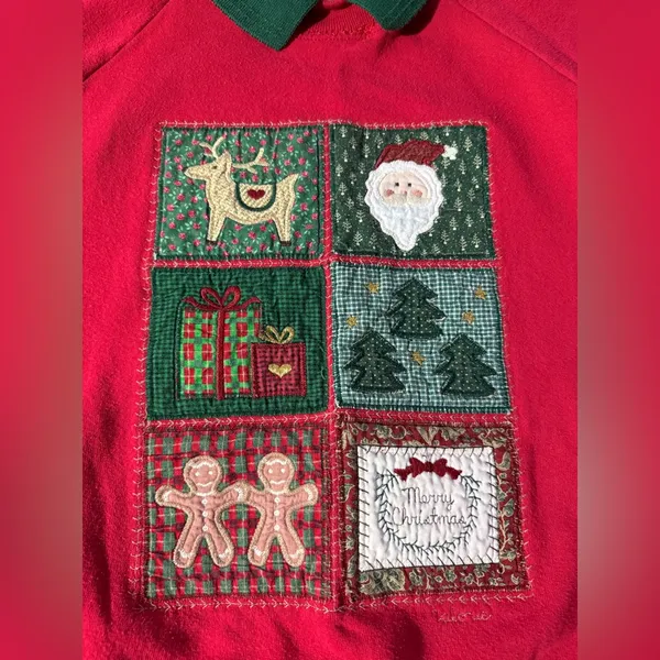 VTG Valorie Folk Art Christmas Sweatshirt Embroidered Gingerbread Red Green S M - Image 4