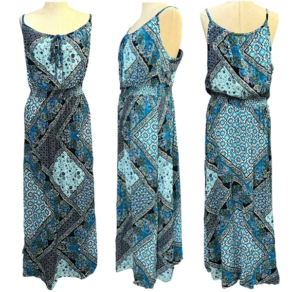 Faded Glory XL Blue Patchwork Floral Spaghetti‎ Strap Smocked Waist Maxi Dress - Image 2