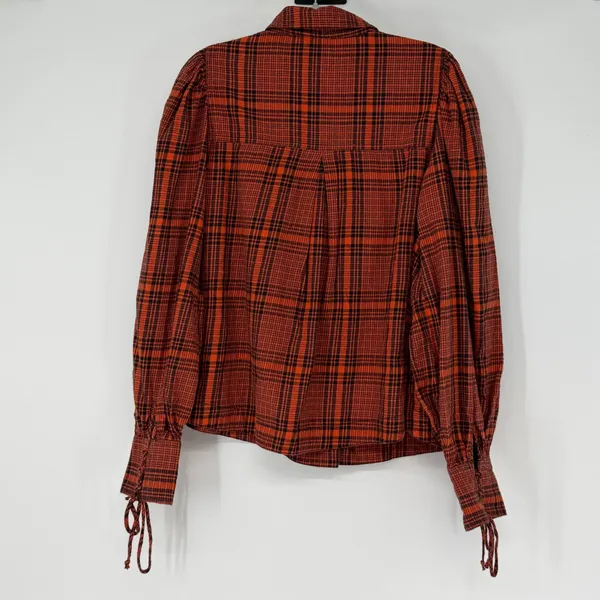 Free People We‎ The Free Womens Large Orange Black Plaid Puff Sleeve Button Down - Image 2