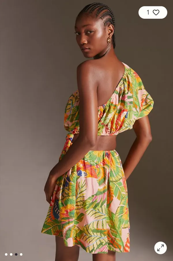 Farm Rio One-Shoulder Mini Dress Macaw Leaves - Image 5