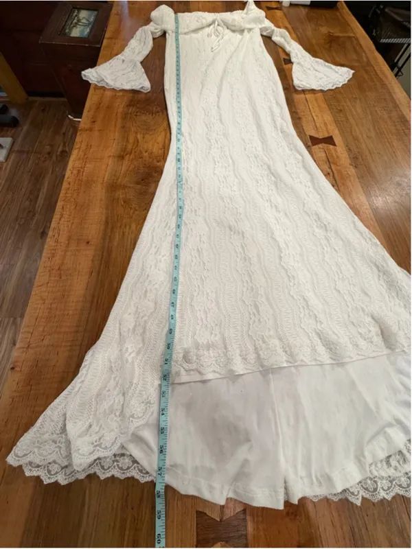 White Lace Off Shoulder Maxi Dress Bell Sleeve Wedding Bridal Slit Boho Medium - Image 8