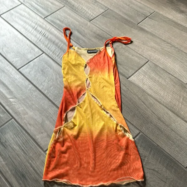 Pretty little thing orange yellow mesh cutout mini dress - Image 2