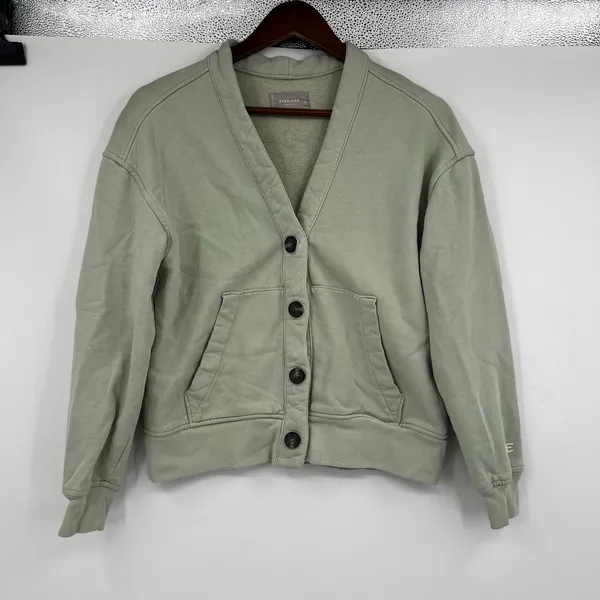 Everlane sage green The Organic Cotton Varsity Cardigan sweater front button XS - Image 2