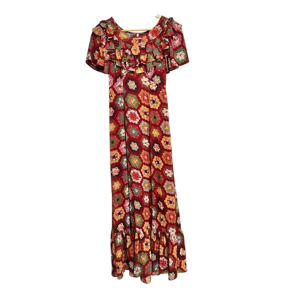 Urban Outfitters patchwork quilt print Ruffle Trim red multicolor maxi‎ dress XS - Image 2