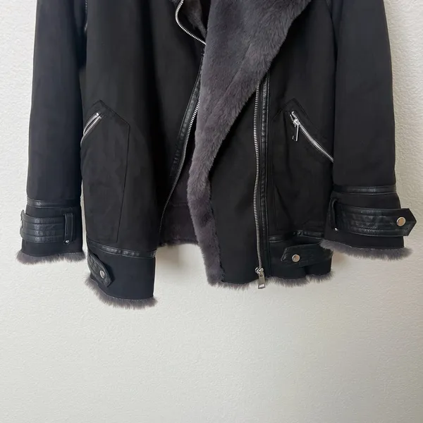 [Zara] Black Faux Fur Suede Double-Faced Oversized Moto Jacket Blogger Fave XS - Image 7