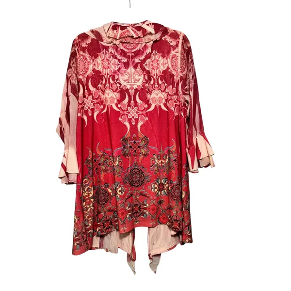 Dressbarn Woman 3X Red Pink Floral Embellished‎ Ruffle Open Front Topper - Image 8