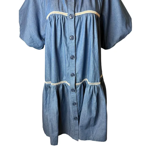 En Saison Tara Tiered Cotton Trapeez Shirtdress Women Medium Blue Mini Bohoi‎ - Image 3