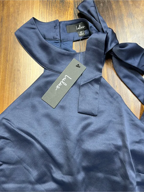 Lulus Headed Out Tonight Navy Blue Satin Halter Swing Dress Size Medium NWT - Image 9