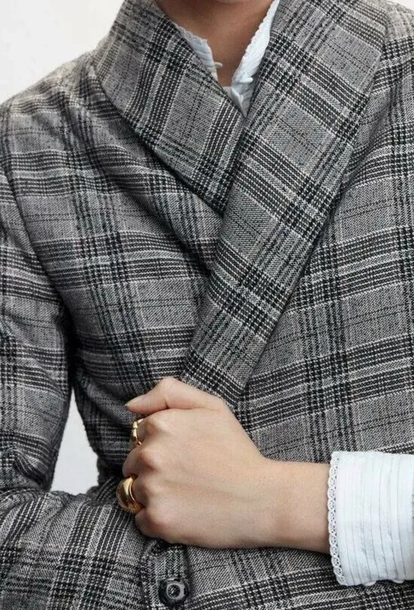 Mango Grey Checked Structured Quilted Jacket - Size M-L - Image 4
