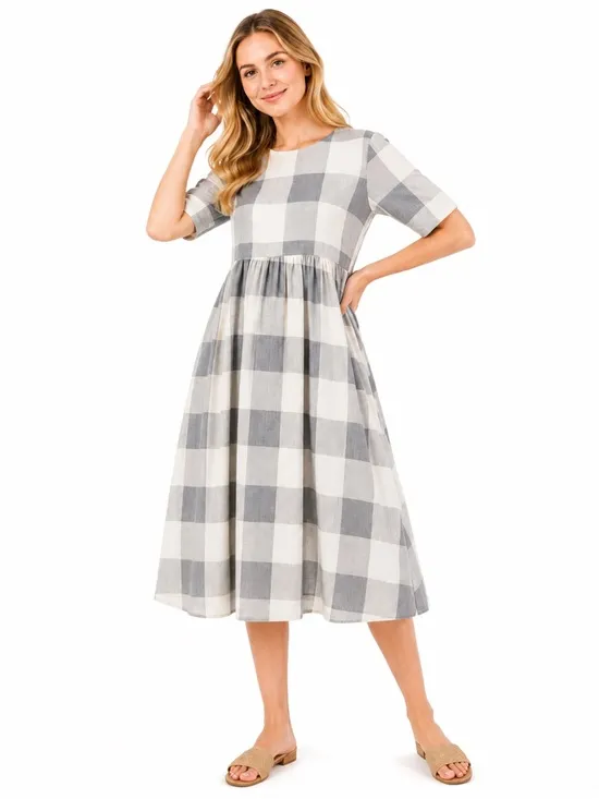 Roolee Gray Buffalo Check plaid gingham Maddie midi maxi dress L - Image 2