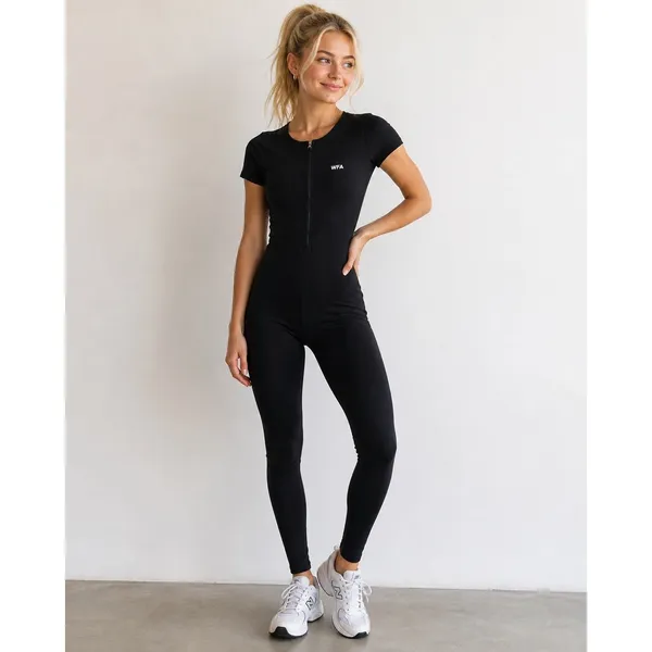 White Fox Boutique Black Short Sleeve Zip Full Length‎ Jumpsuit One Piece XS - Image 2