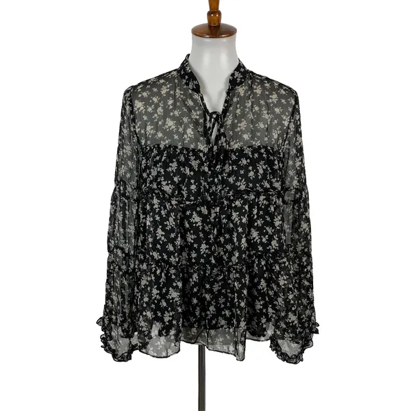 English Factory Blouse Small Black Gray Sheer Boho Long Sleeve Vintage - Image 2