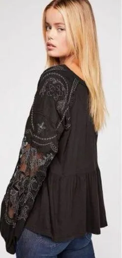 free people embroidered penny tee ruffle sheer long sleeve blouse - Image 2
