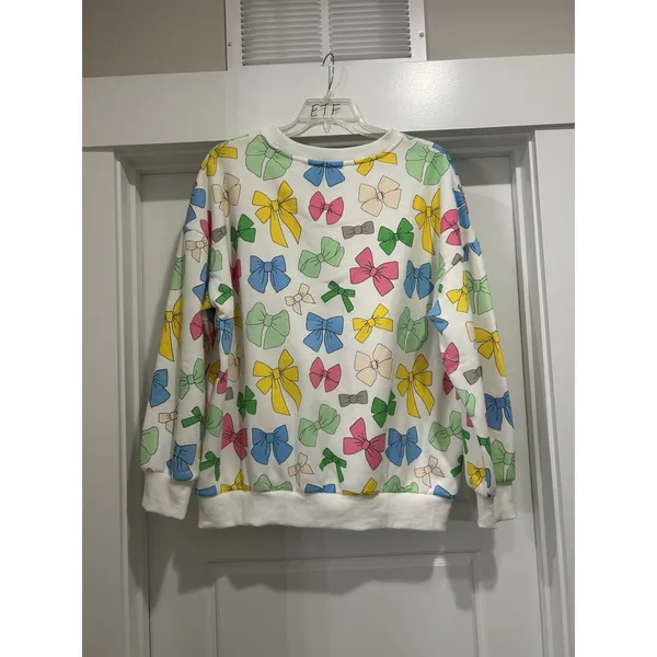 Oversized Long Sleeve Sweatshirt Women Bow Print Coquette Neon Crewneck Size XL - Image 4